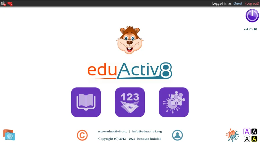 The eduActiv8 home screen with the three main categories of activities, navigable by young children independently